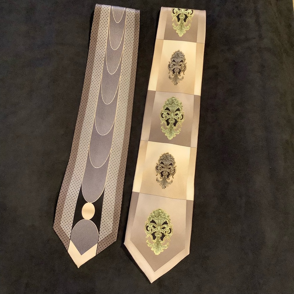 Silk neck ties pair, Art Deco inspired print, excellent pre owned,